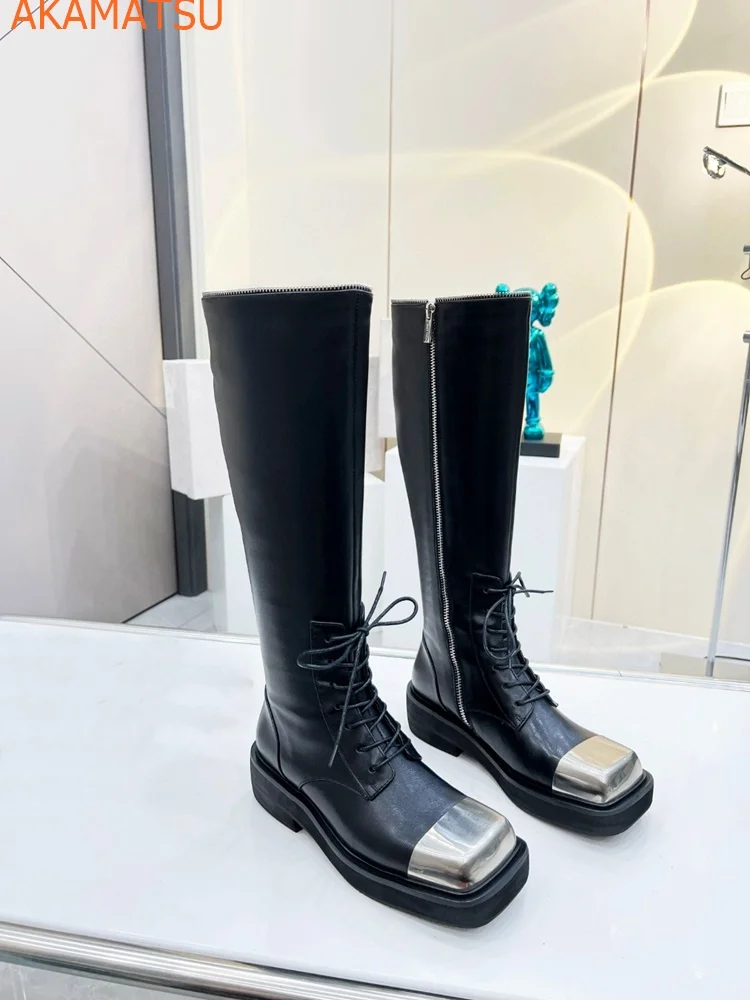 

Square Toe Metal Toe Women Boots Knee High Cross Tied Square Heel Zipper Fashion Sexy Casual Comfortable Women Shoes 2023 Newest