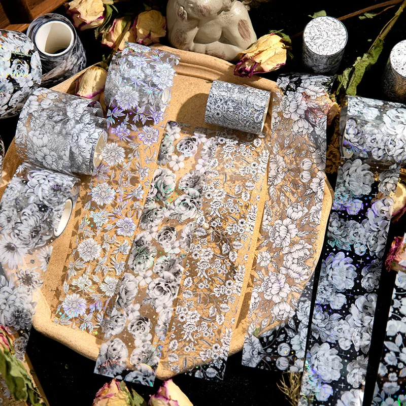 1 Roll PET tape plain brocade flower series hot silver flower handbook DIY decorative cycle stickers Tape 8 kinds