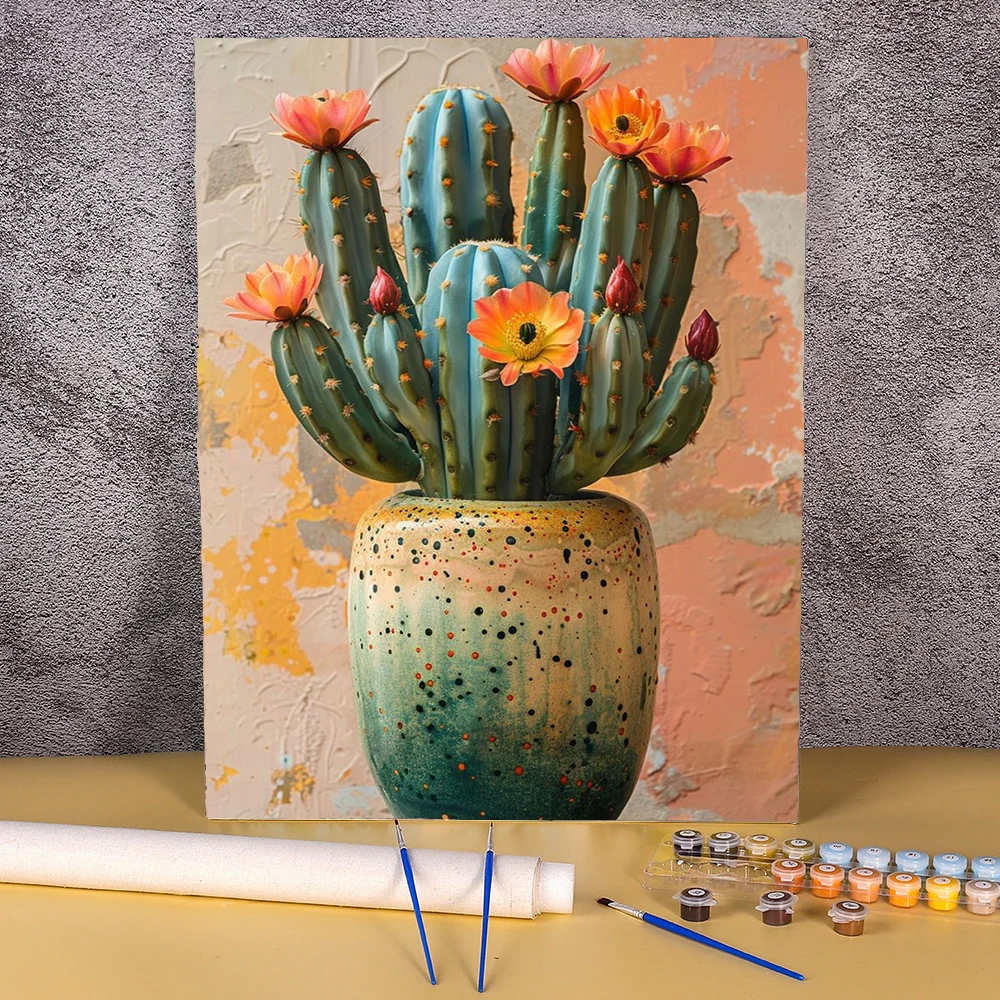 キャンバスに数字で着色サボテンの花現代絵リビングルームの壁子供油絵