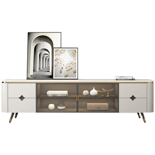 

Italian-Style Stone Plate TV Cabinet Small Apartment Living Room with Light Tempered Glass Cabinet Door Floor Cabinet Storage