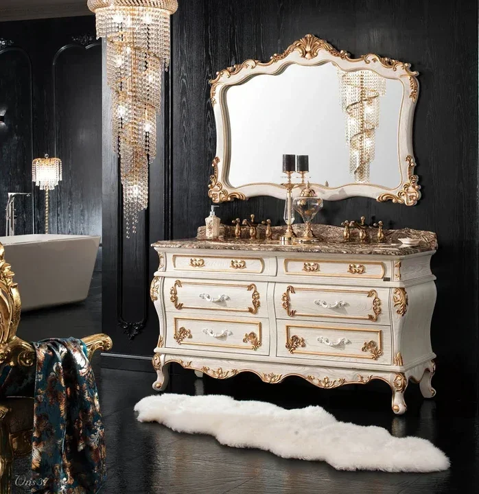 ~Solid wood European style bathroom cabinet double basin antique bathroom cabinet oak floor combination washbasin floor