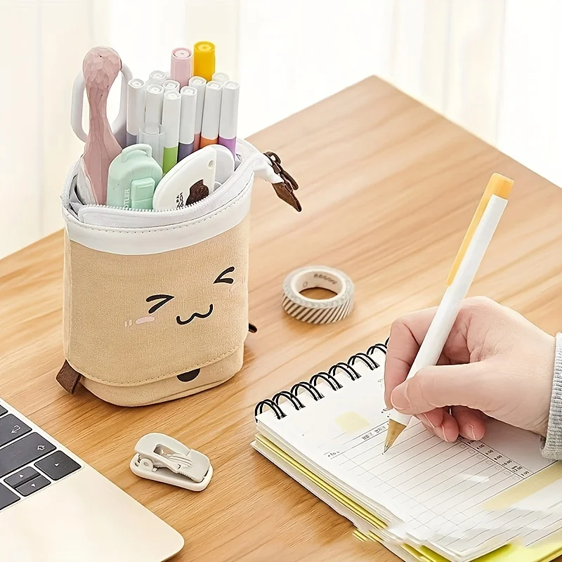 1 astuccio di grande capacità con design a faccina sorridente - Poliestere resistente, espandibile, organizer spazioso per articoli di cancelleria, adatto per la scuola, l'ufficio, i viaggi - Dotato di scomparti per penne, matite e gomme, astuccio portapenne - immagine 4
