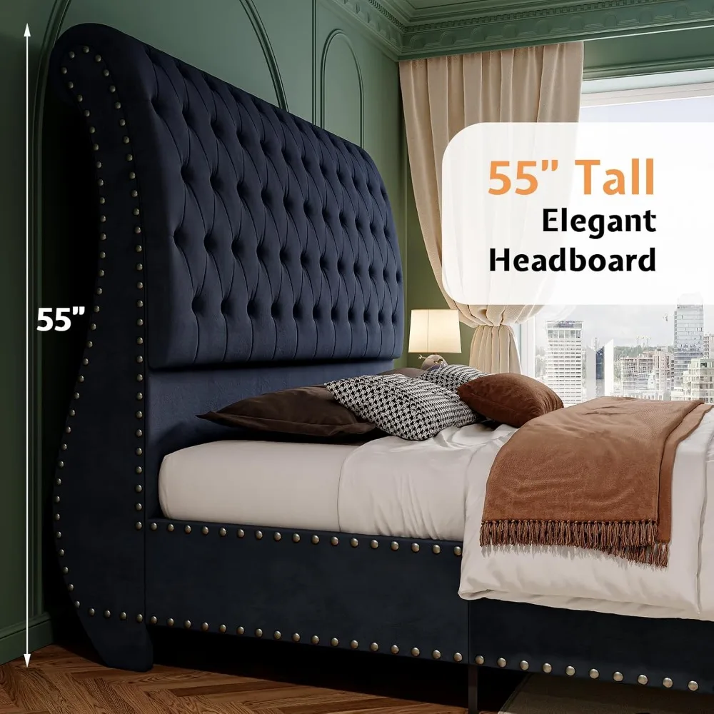 Queen Size Bed Frame, Velvet Upholstered Platform Sleigh Bed with Scroll Headboard & Footboard, Button Tufted 3