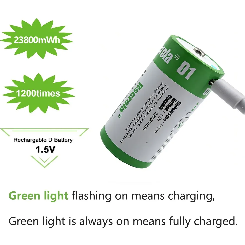 1.5V 23800mWh D Cell Batteries Rechargeable D Batteries with Charger Cable for Gas Cooker Water Heater Flashlight Radio Tool Toy - 5