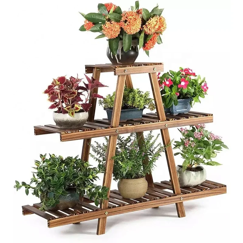 

Bamboo Wood Ladder Plant Stand 3-Tier Foldable Organizer Flower Display Shelf Rack For Home Patio Lawn Garden