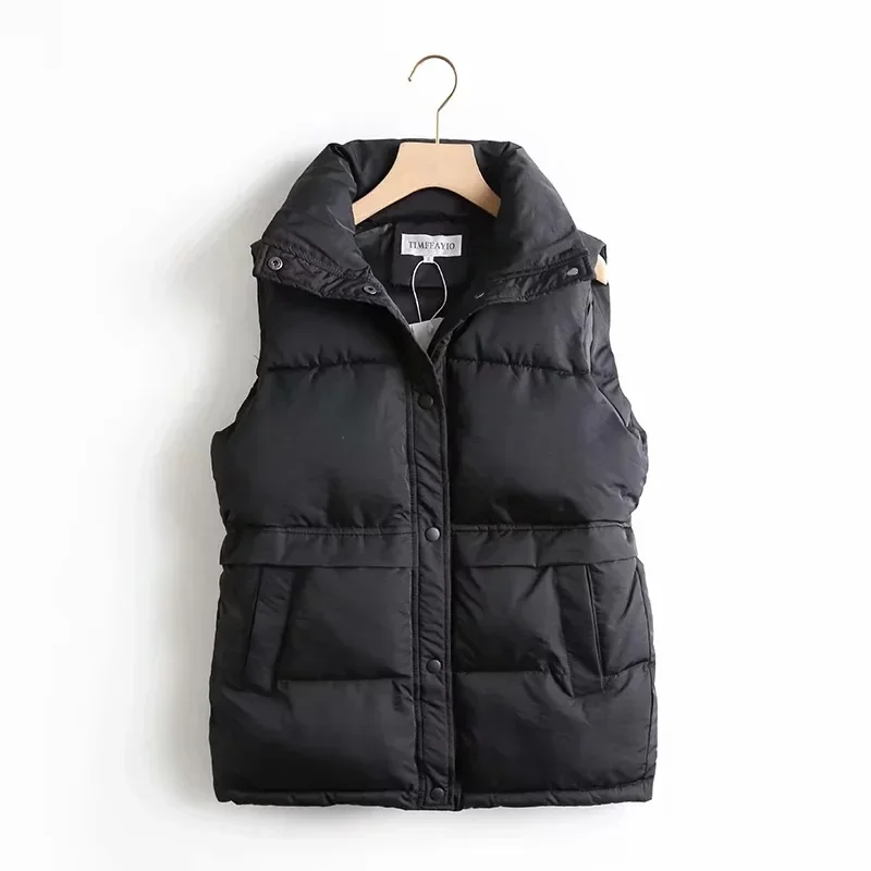 Women Windproof Warm Waistcoat 2024 Autumn Winter Solid Loose Vest Stand Collar Button Vest Jacket Cotton Padded Sleeveless Coat