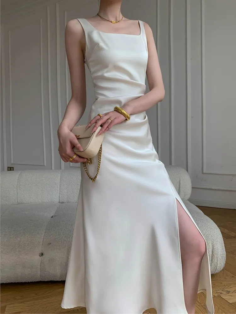 

Elegant Fashion Bodycon Slim Midi Dress Women Summer Sexy Strap Vintage Casual White Party Vestidos Female Chic Prom Sundress