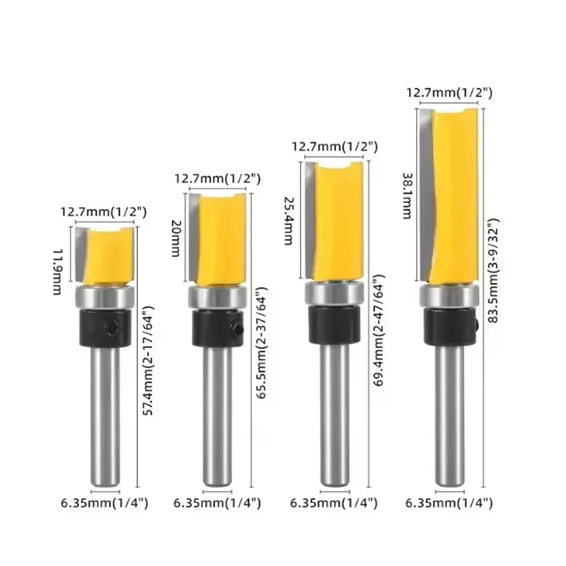 Pattern Router Bit 4pcs 1/4-Inch Shank Bearing Guided Pattern Router Bit Woodworking Edge Trimming Tool with Double-Edged Straight Cutter