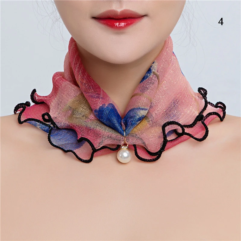 Bufanda de gasa de Organza con estampado brillante para cuello, pañuelo de encaje con volantes, colgante de perlas hermosas, novedad de 2024