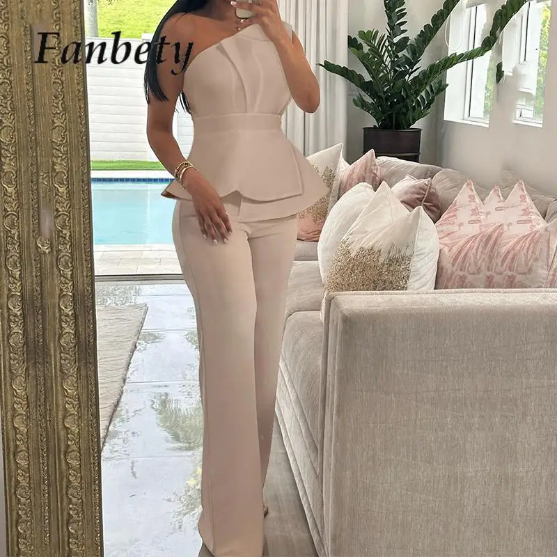 

Women Sexy Skew Collar Blouse Tops&Long Pants Sets Elegant 2024 Sleeveless Swing Two Piece Suit Chic Solid Club Party Outfits