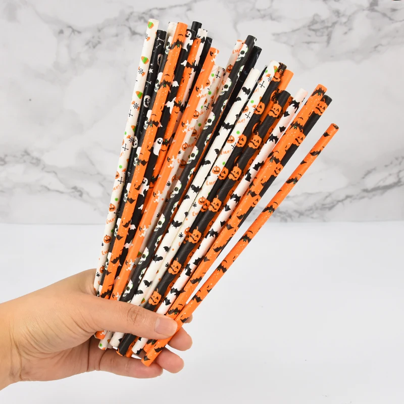 25/50 Pcs Halloween Black Orange Paper Straws Pumpkin Bat Spider Web Pattern Paper Drinking Straws for Halloween Party Supplies disposable paper straws