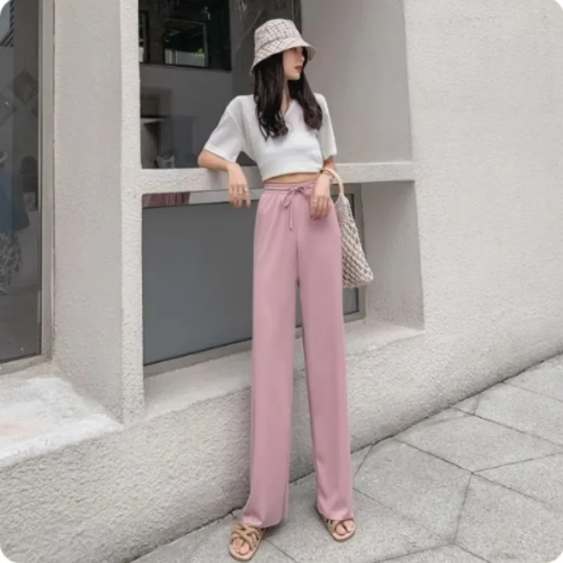 Popular ice silk threaded wide-leg pants for women summer thin high-waist draped new straight casual sun protection pants