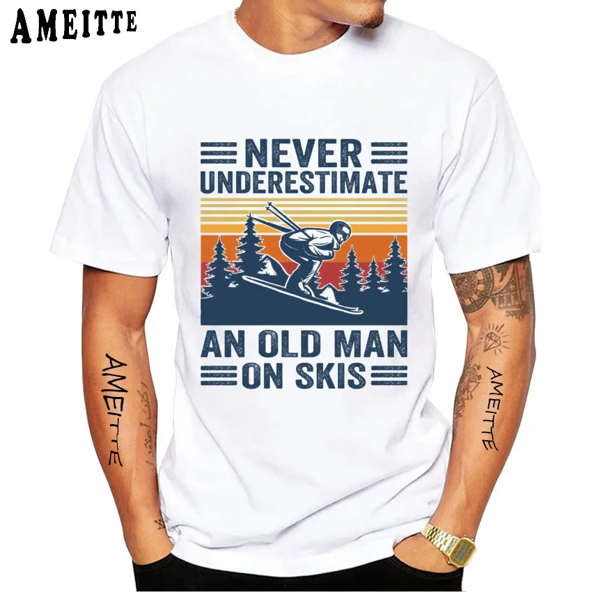 

New Summer Fashion Men Short Sleeve Never Underestimate An Old Man On Skis T-Shirt Hip Hop Boy Casual Tops Funny Kids White Tees