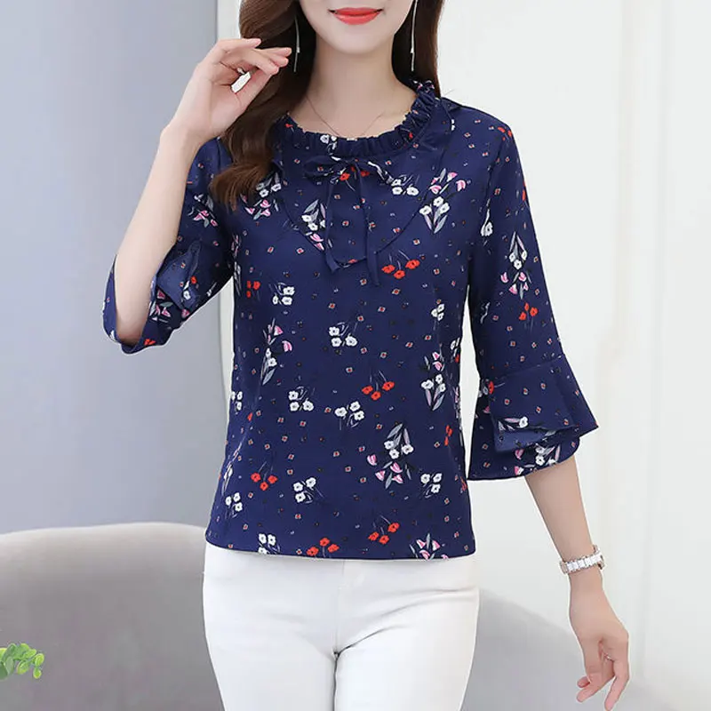 Fashion Broken Flower Printed Blouse Women's Clothing Ruffles Spliced Summer New Casual Half Sleeve Commute Drawstring Bow Shirt