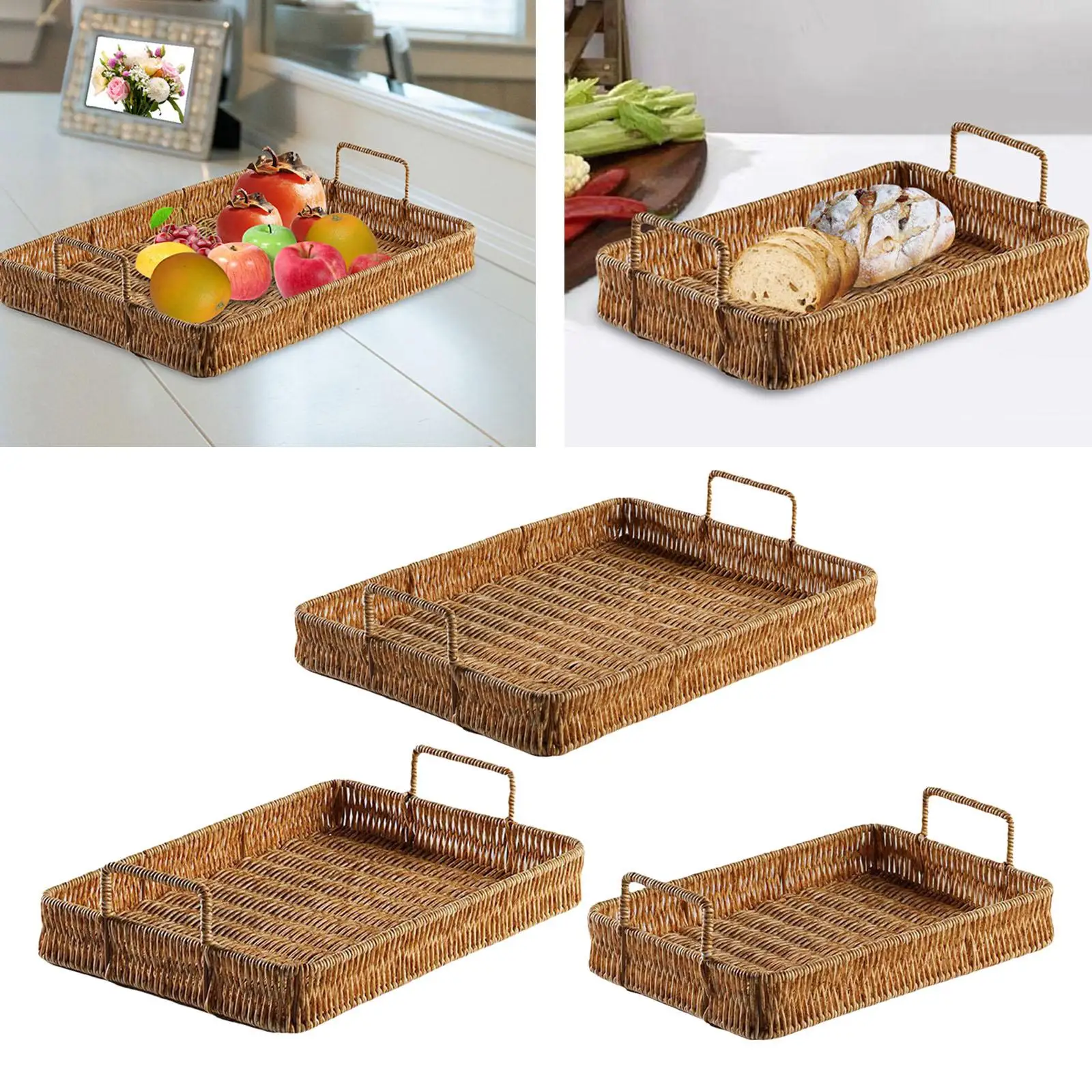 Rectangular Hand Woven Serving Tray Multipurpose Decoration Vegetables Holder Kitchen Organizer Crafts for Coffee Table Home 3