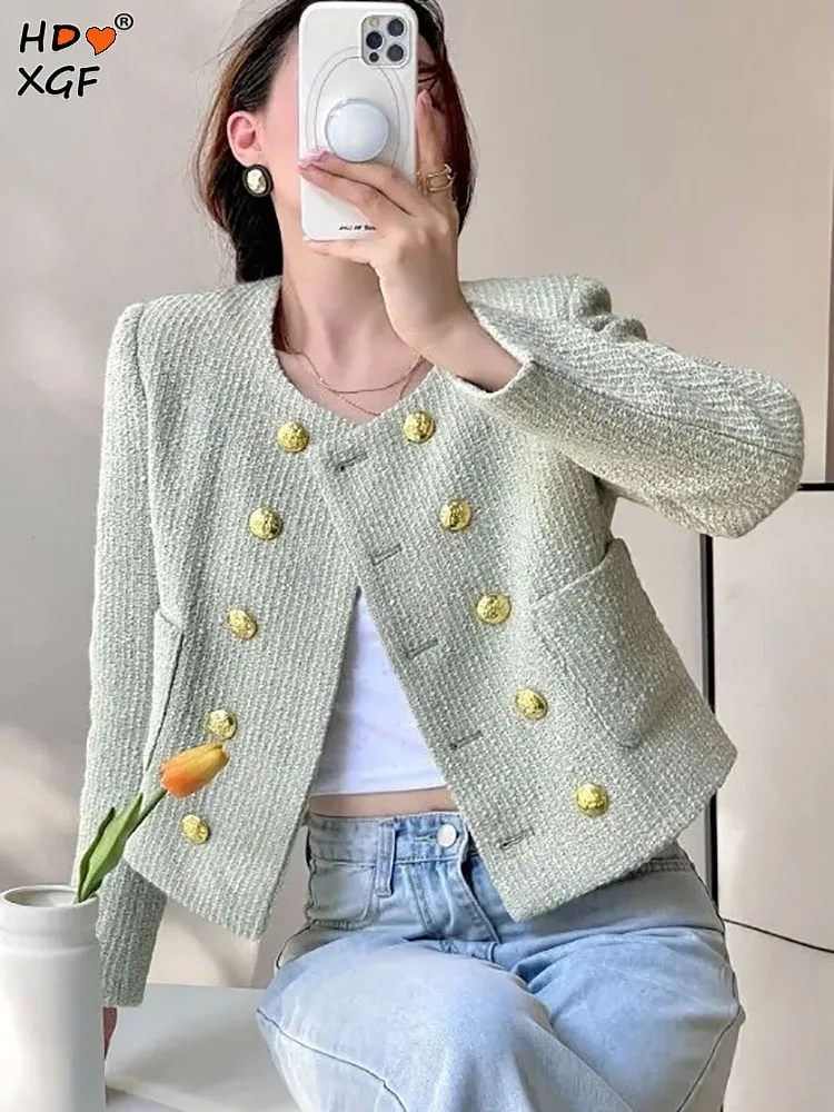 

Fashion Green Tweed Long Sleeve Jacket Women Vintage Autumn Round Neck Double Breasted Short Coat Korean Designer Top Streetwear
