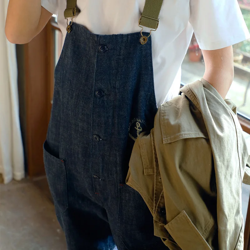 대형 작업복 Europen Retro Navy 데크 오버올 워시 데님 야외 캠핑 바베큐 라이딩 밀리터리 레드 귀 스트레이트 레그 청바지