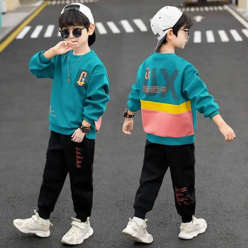 Kids Clothing Set Kids Sports Suit Boys Clothing Set Children Sports Suit Kids Sweatshirt Set Boys Tracksuits Suit Boys Tracksuits autumn winter Boys Tracksuit velvet patchwork letters rainbow sweatshirt + Leggings Pants Suit Clothes children Set 12 14 Y