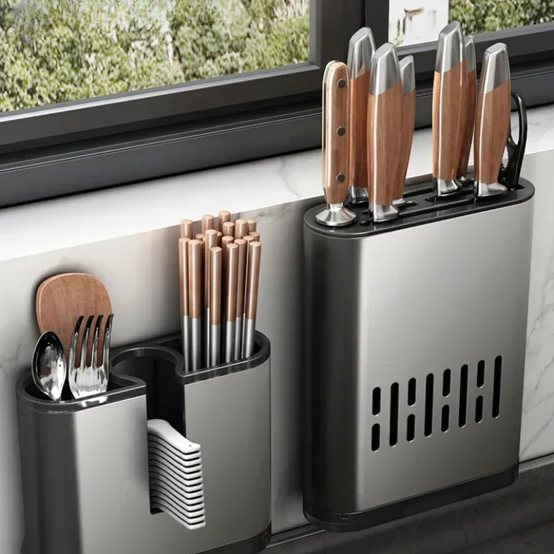 Wall-mounted Chopsticks Tube Kitchen Rack Wall Hanging Punch-free Tool Rest Cutter Drain Aluminium Chopsticks Cage Storage Box 3