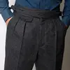 2024 Autumn Winter Woolen Business Suit Pants Men High Waist Streetwear Casual Herringbone Straight Suit Pant Q20 1