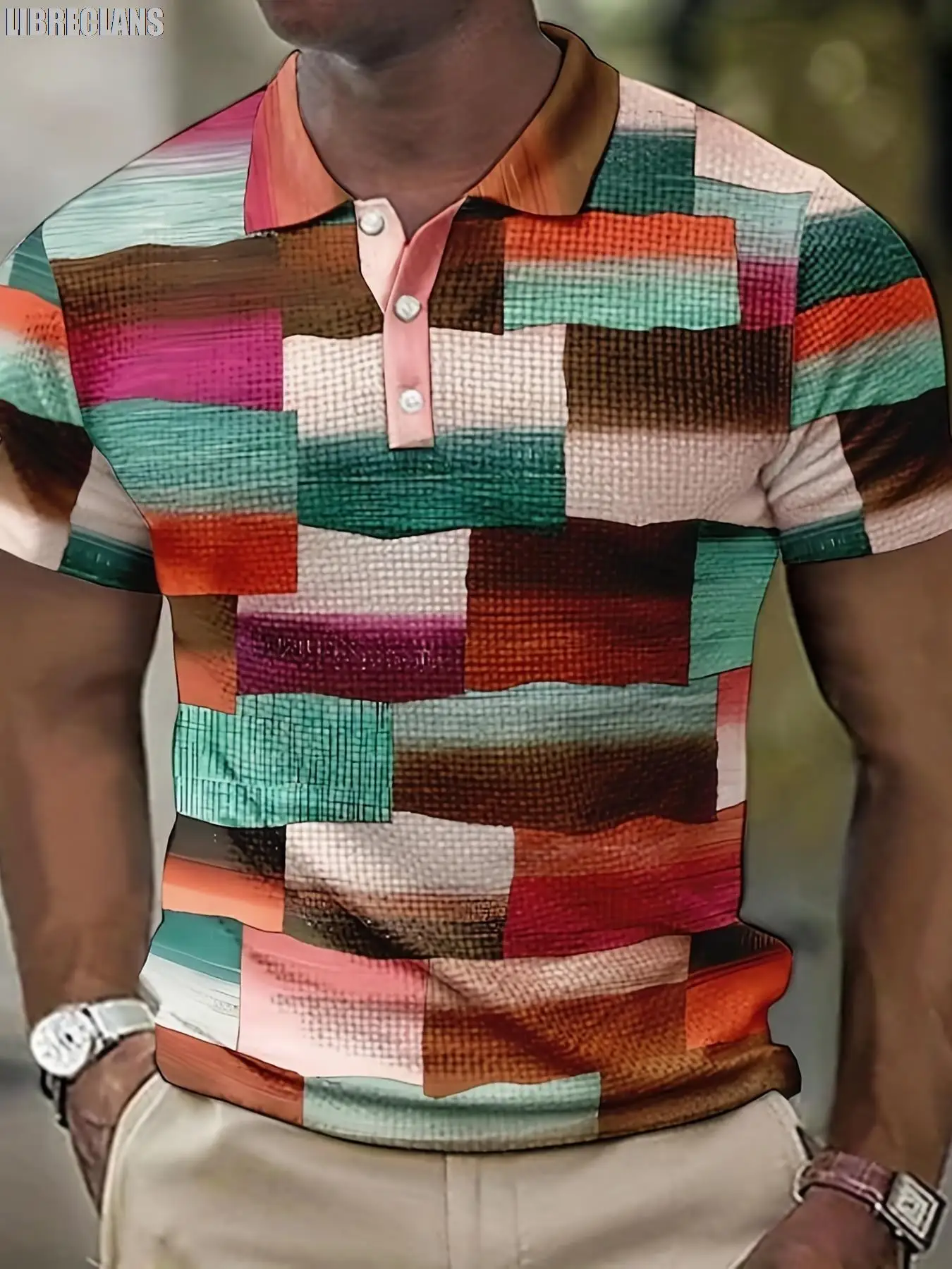 3D Men\'s Checker Print Polo Shirt Summer New Men\'s Short Sleeve Plus Size Fashion Lightweight Comfortable and Breathable Top