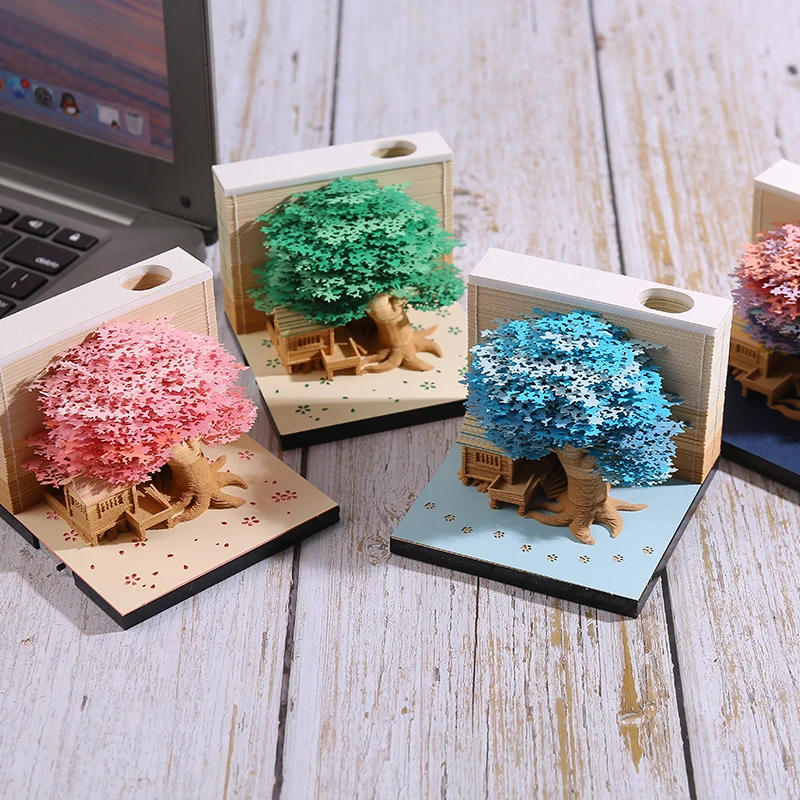 

3D Memo Pad Sticky Notes DIY Paper Carving Art Notepad Paper Card Craft Cherry Treehouse Light Pen Holder Bookmark Creative Gift