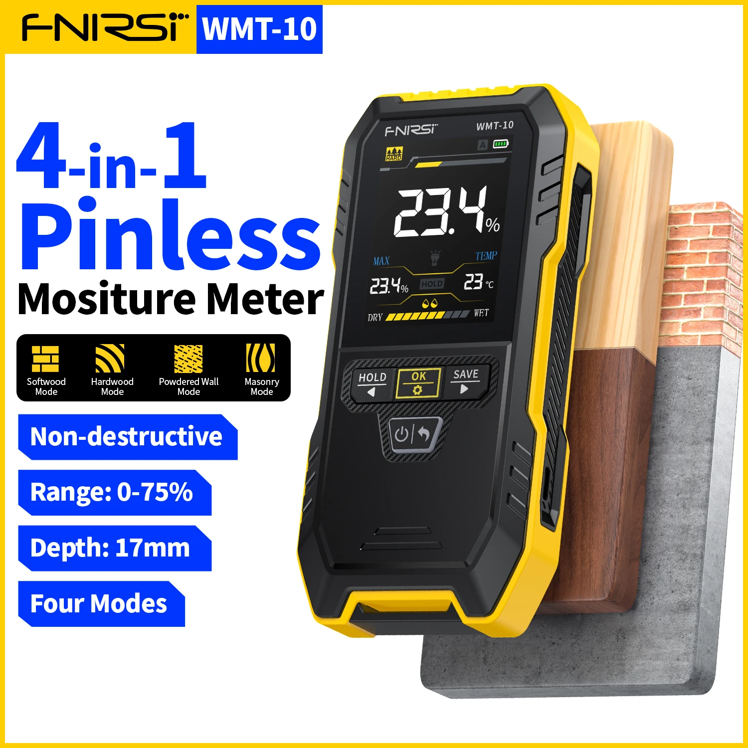FNIRSI WMT-10 Hygrometer Inductive Wood Moisture Meter Non-contact Timber Damp Wall Detector 17mm Measurement Range 0~75% wood moisture meter