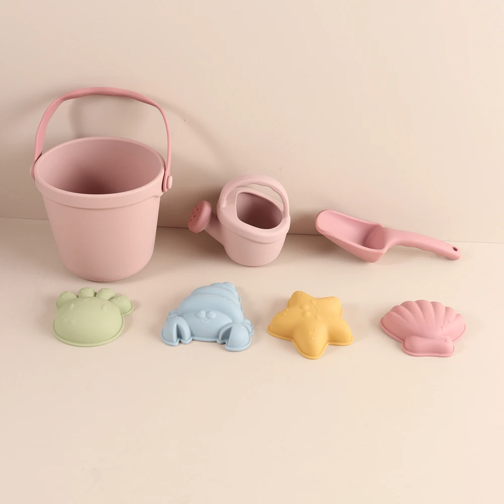 Kids Beach Bucket Set with Silicone Molds (Sea Star, Shell, Crab) Sand Castle Toys for Outdoor & Sensory Play