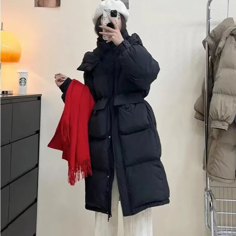 2023 New Women Down Jacket Winter Coat Female Long Knee Length Parkas Loose Hood Outwear Thicken Academic Style Waisted Overcoat