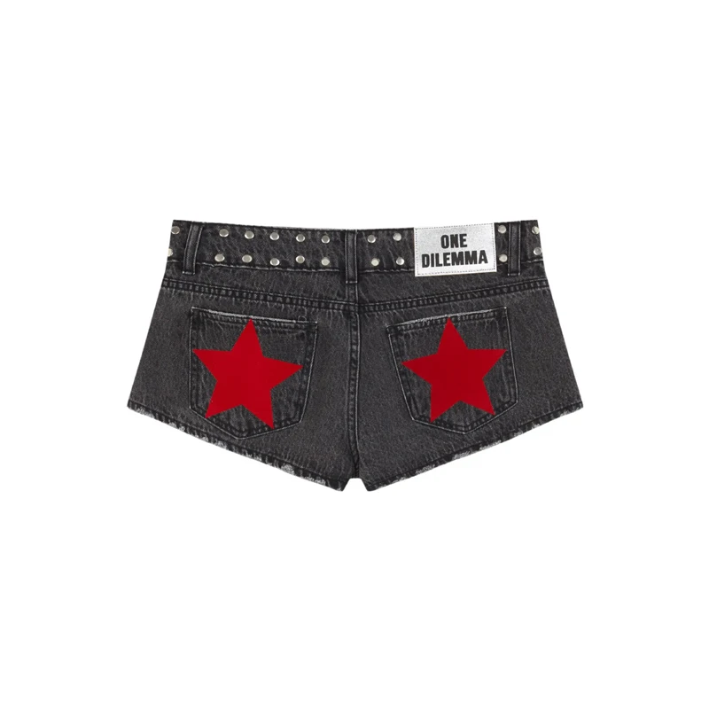 Y2K Low Waist Denim Shorts Women European American Casual Contrasting Loose Fashionable Back Sequin Star Print Hot Pants 5