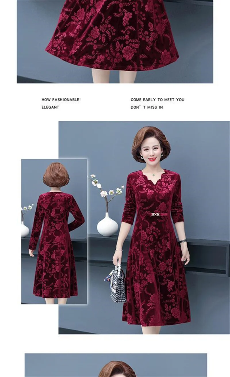 Middle-Aged And Elderly Female Autumn High Pressure Flower V-Neck Dress Temperament Long Sleeve Long Mother Dress Female Elegant