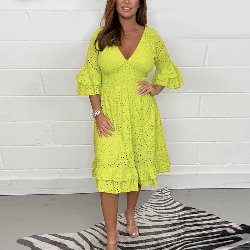 

Female Temperament Holiday Ruffles Dress Summer V Neck Solid Color A-line Dress Elegant High Waist Lace Half Sleeve Party Dress