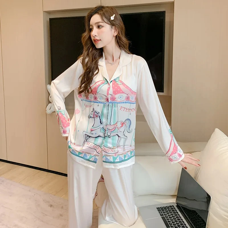 Pajamas Women's Ice Spring New Long Sleeve Trousers Suit Cartoon Dream Rotating Carriage Home Wear