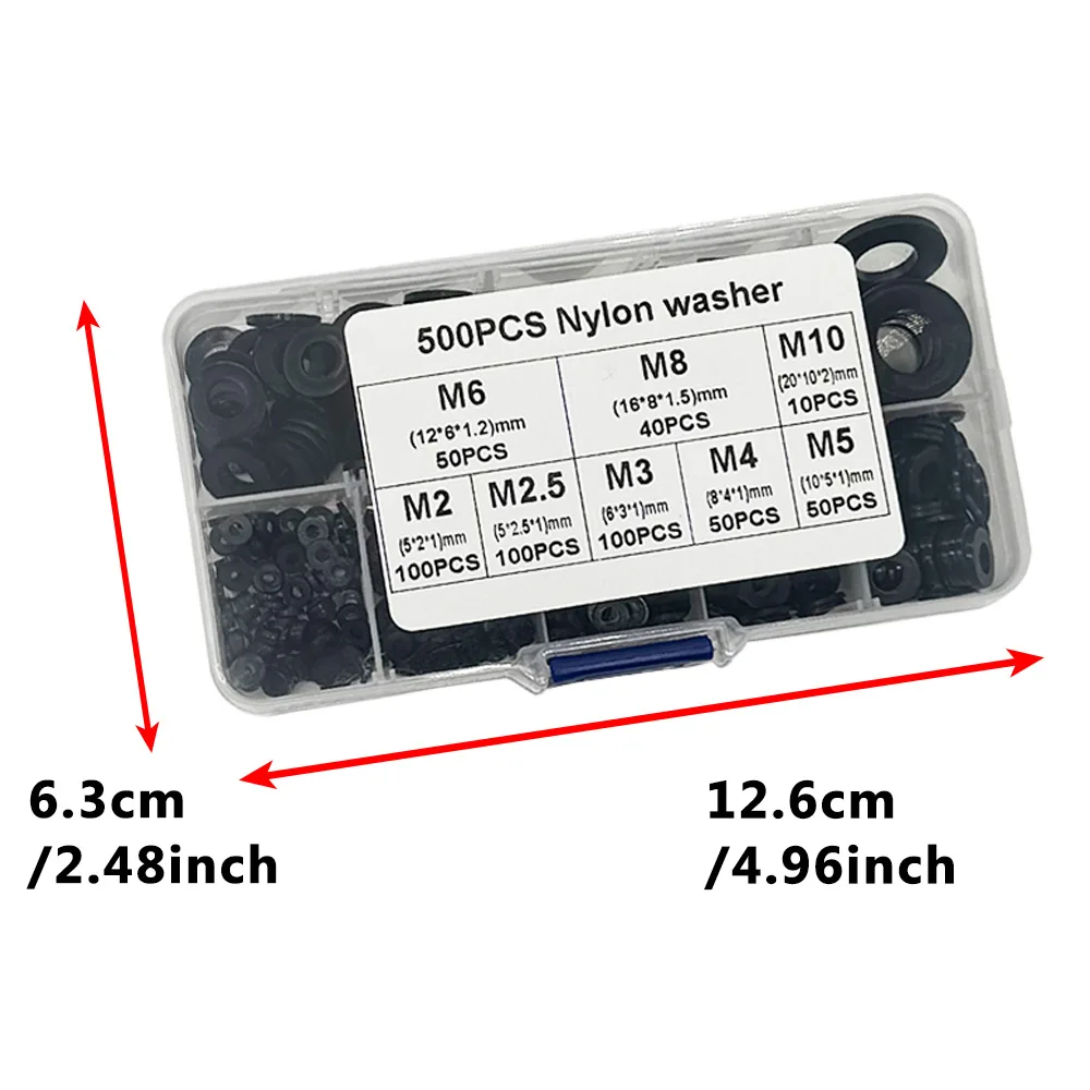 500PCS Nylon Washer Flat Assortment Kit 8-size Safety Plates M2 M2.5 M3 M4 M5 M6 M8 M10 Nylon Sealing Washers
