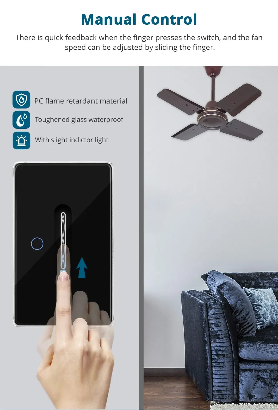 Zigbee Smart Fan Light Switch Neutral Required 1 Gang Touch Light Switch with Sl