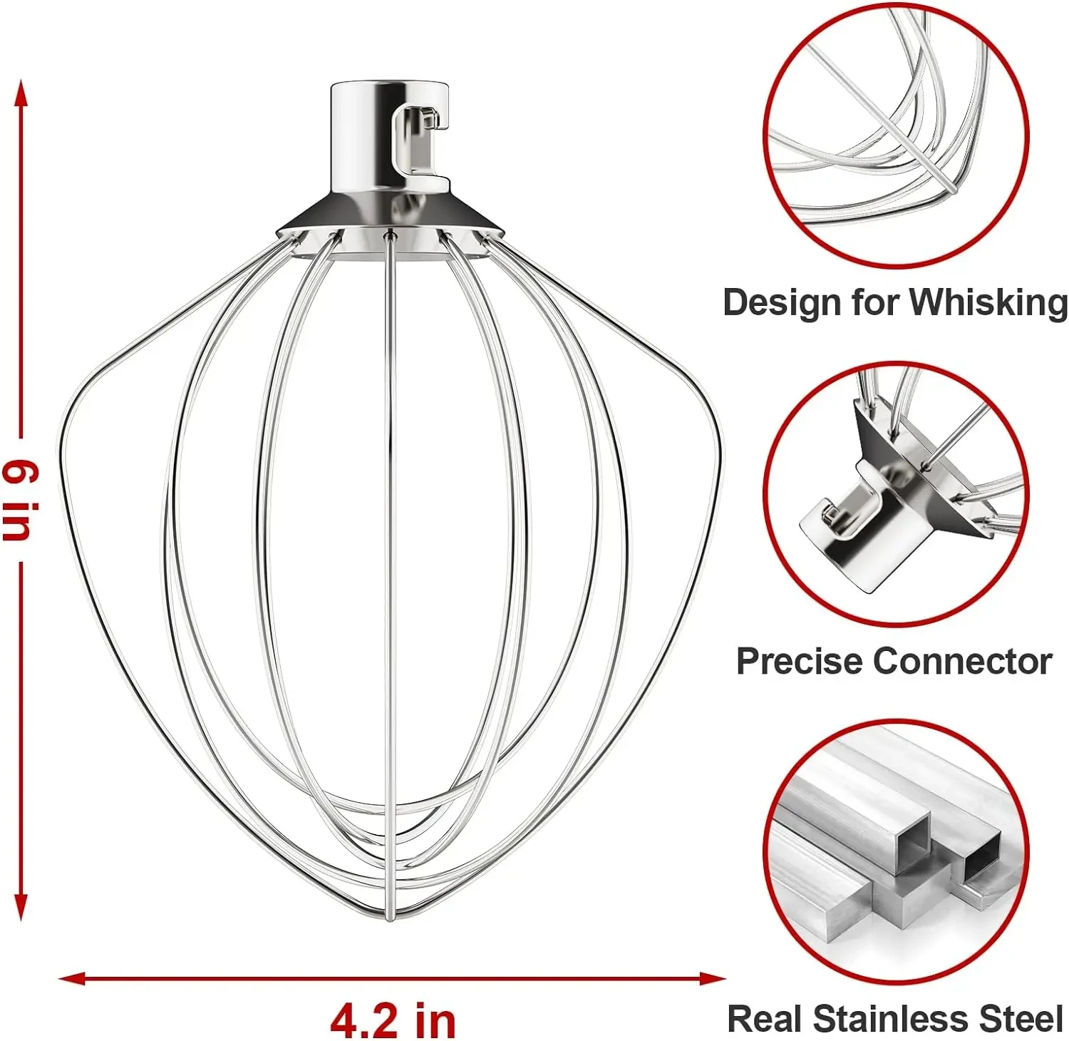 K45WW 6-wire whip whisk attachment for stand mixers in premium stainless steel.