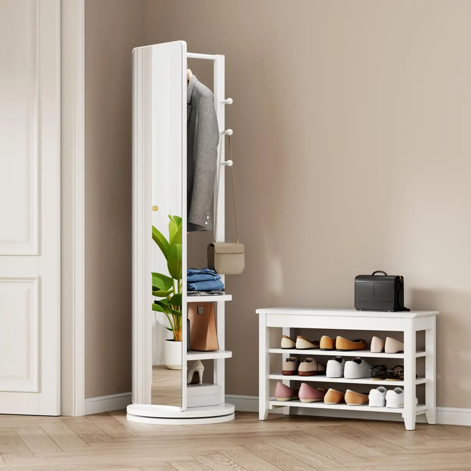 Multifunctional Rotating Full Body Mirror Storage Rack Solid Wood Standing Coat Rack Mirror for Bedroom Living Room Home Gym