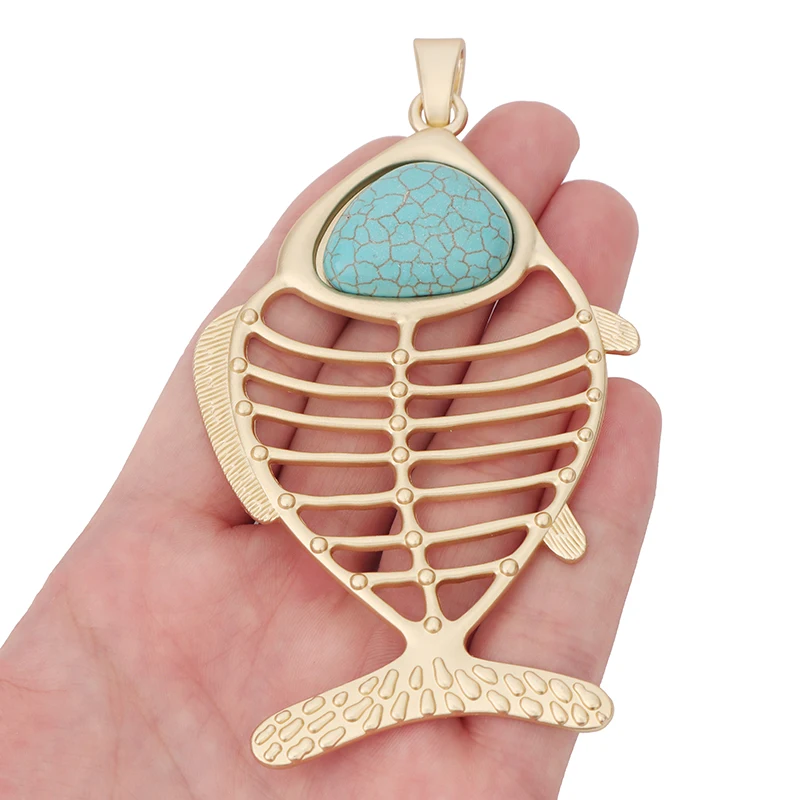 

1 x Matte Gold Color Large 3D Fish Bone & Faux Turquoise Charms Pendants for DIY Necklace Jewelry Making Accessories 110x63mm