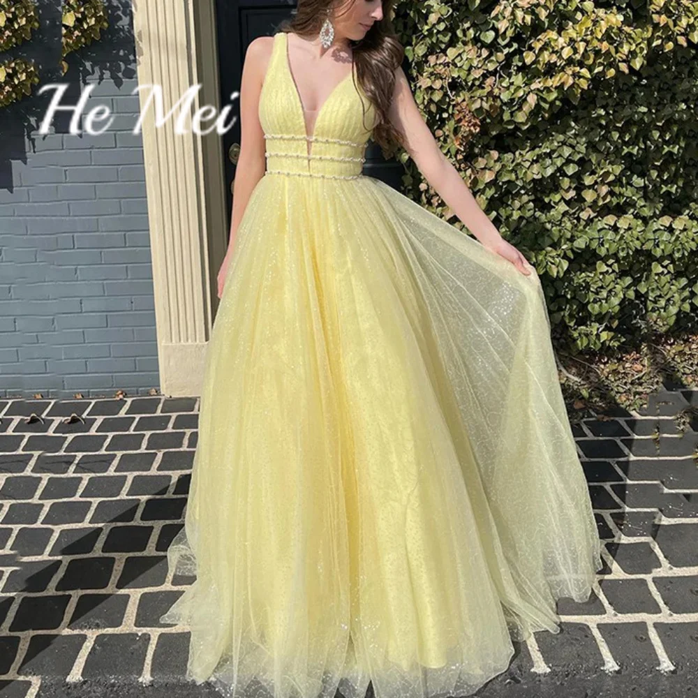 

Prom Gowns For Women Simple Tulle V-Neck Backless Formal Dresses Floor Length Tank A Line Party Dress Vestidos De Fiesta