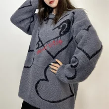 

Mohair Big Love Sweater Couple BF Original Jacquard Autumn Winter Black Sweater Top Cartoon Animation Pullover High Street