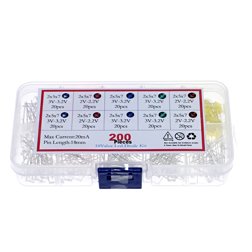 2x5x7mm 사각형 LED 키트 세트, 기본 색상 워터 클리어 레드 블루 그린 옐로우 화이트 DIY 다이오드 팩, 200 개