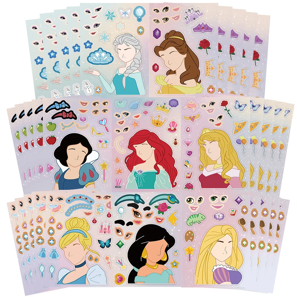 8/16Sheets Disney Princess Puzzle Stickers Make-a-Face Children Funny Assemble Jigsaw DIY Cartoon Sticker Kids Educational Toys