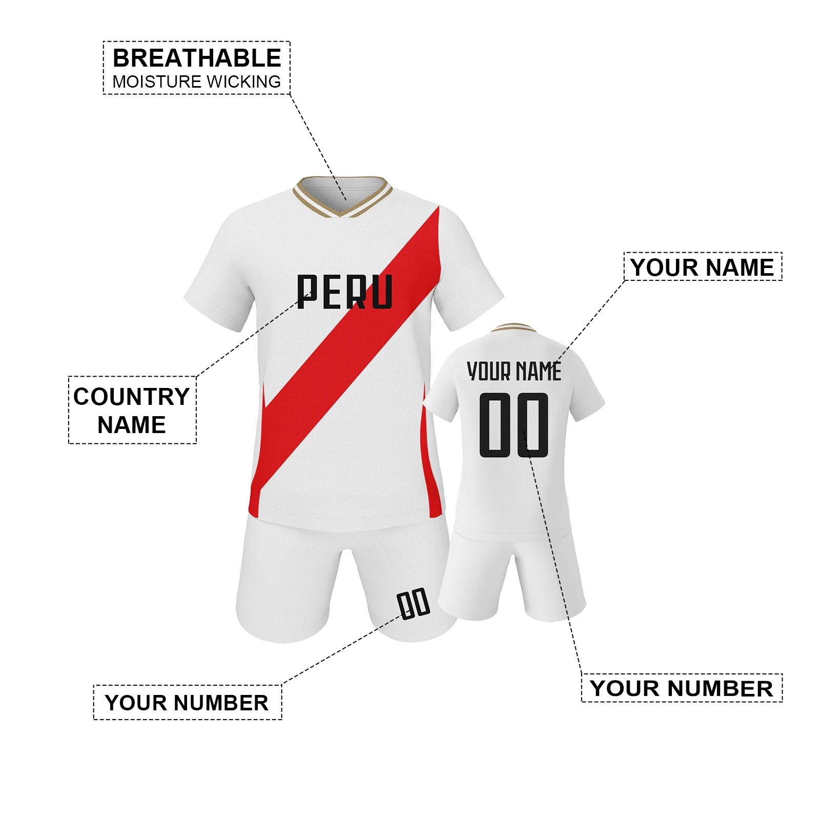 Soccer Jersey Kit for Kids Peru Personalized Name and Number Football Shirt Youth Team Uniform Athletic Sportswear 3-14Y