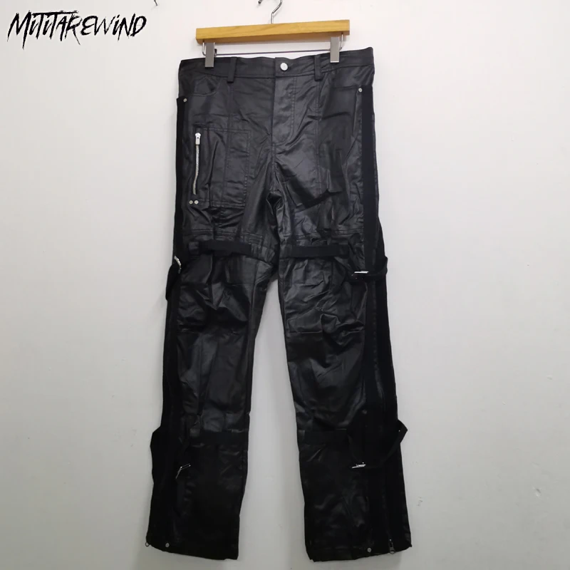 

Fashion New Casual Pu Leather Pants High Street Bandage Zipper Faux Hip Hop Cargo Streetwear Elastic Waist Straight Trousers