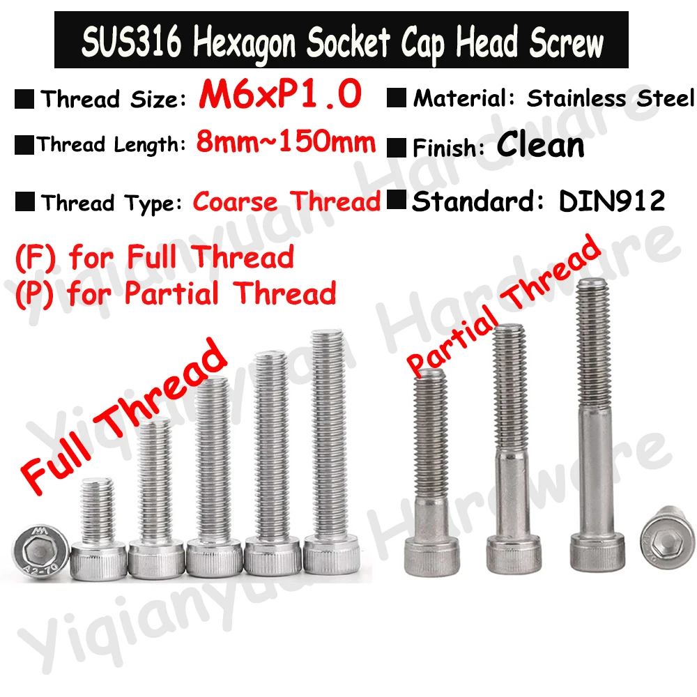 

2Pcs~10Pcs M6xP1.0 DIN912 SUS316 Stainless Steel Hexagon Socket Knurled Cap Head Screws Allen Key Bolts Full/Partial Threaded