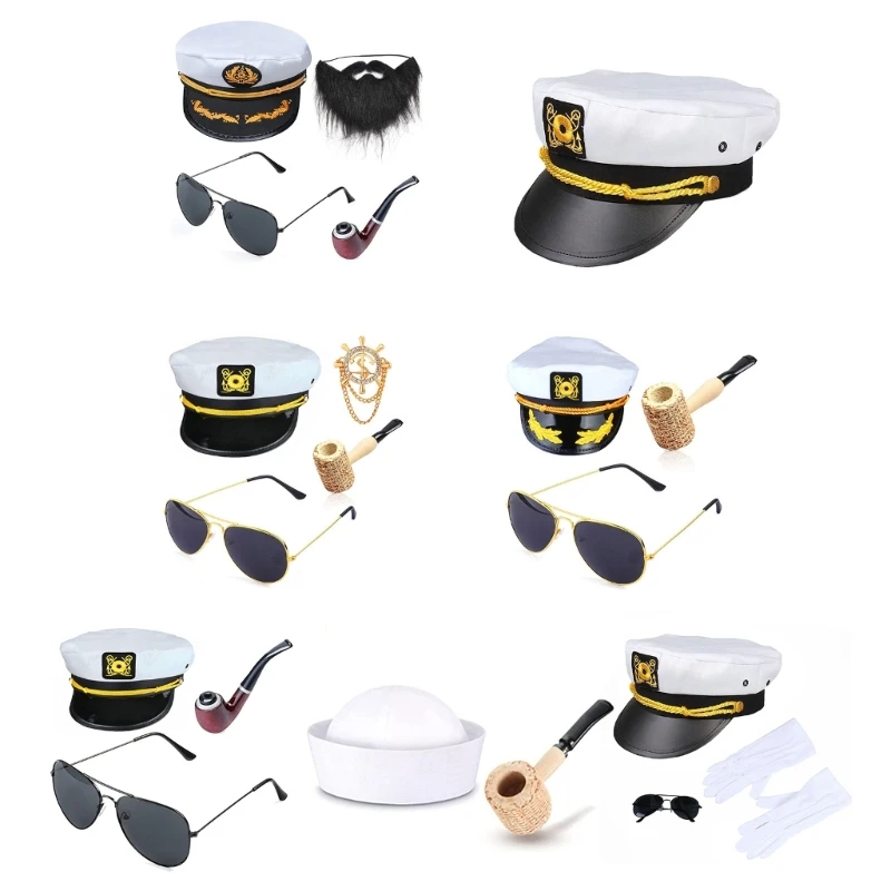 

B36D Yacht Captain Hat Aviator-Sunglasses Sailor Hat Boat Captain Hat Gloves Captain Prop Halloween Cosplay Costume Accessory