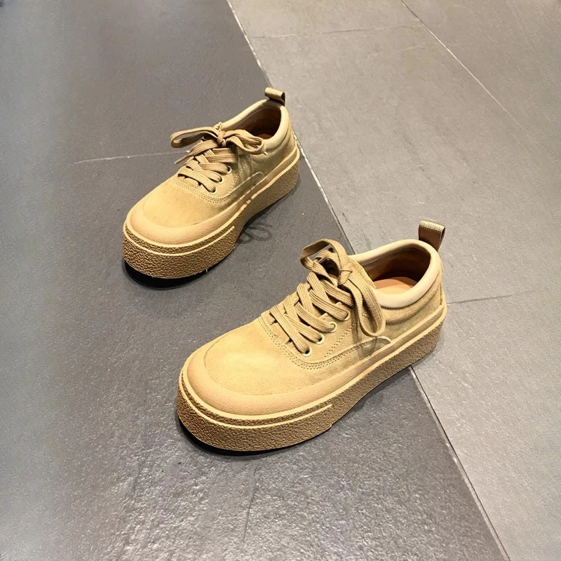 Retro frosted leather thick soled casual board shoes, women's round toe lace up genuine leather sports shoes, flat shoes