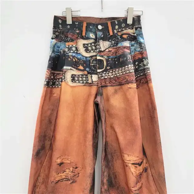 DEAT Women's Trousers High Waist Vintage 3d Printed Fake