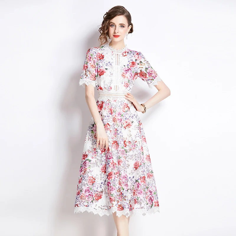 

Runway Women Single Breasted Dress Short Sleeves Vintage Dress Fashion Lady OL Floral Print Lace Robe