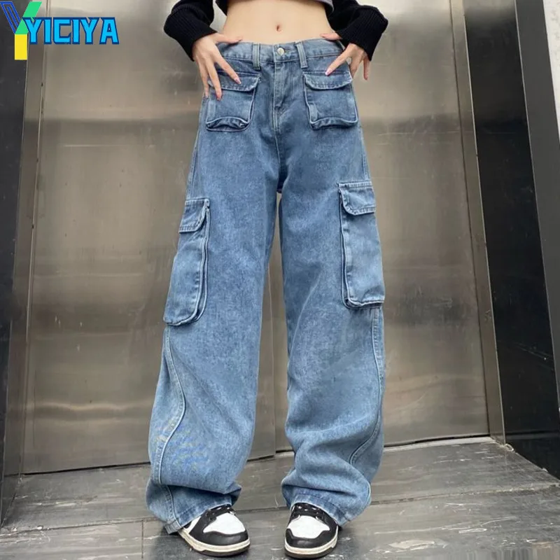 

YICIYA Overalls Jeans Multiple pockets y2k pants jean American Women's New High Waist baggy Wide legged Pant Trousers fashion